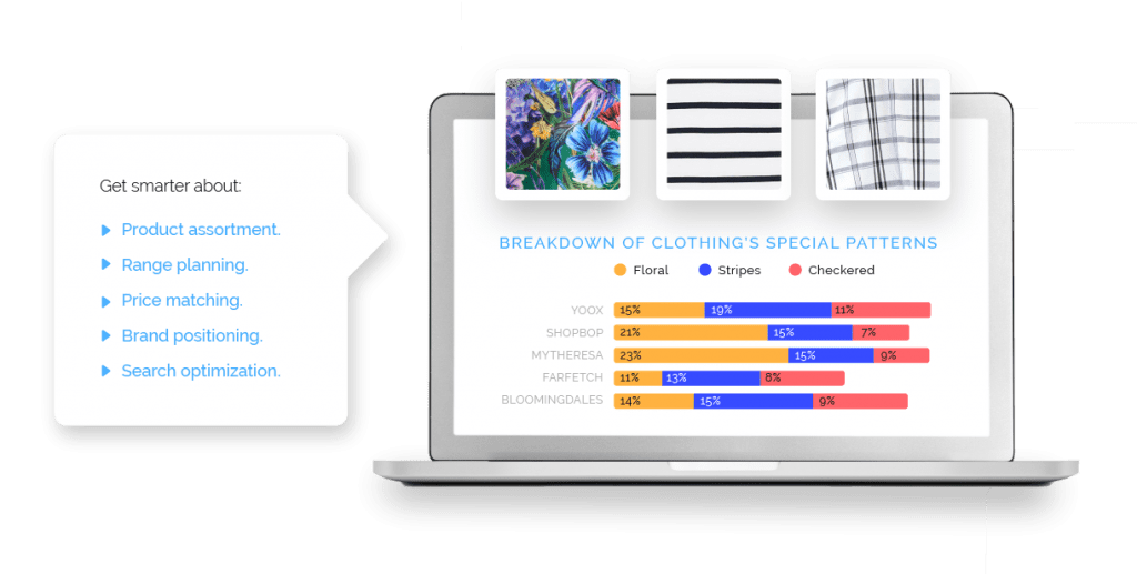 Call out box on the left with the text: Get smarter about: Product assortment, Range planning, Price matching, Brand positioning, Search optimization. And on the right an open laptop screen displaying a horizontal bar chart and image of clothing patterns