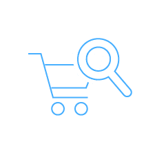 Shopping cart with a magnifying glass icon representing catalog being more searchable and shoppable