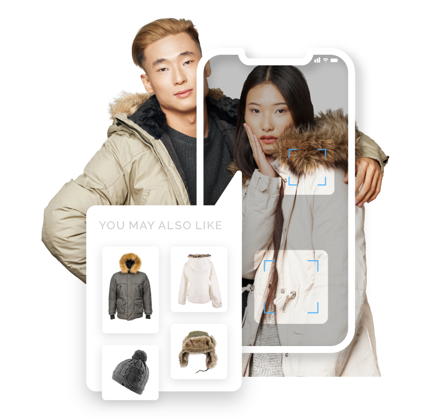 Product discoverability example showing a mobile phone screen appearing over a photo of a fashionable couple, scanning their clothing and displaying recommendations under the heading: You may also like