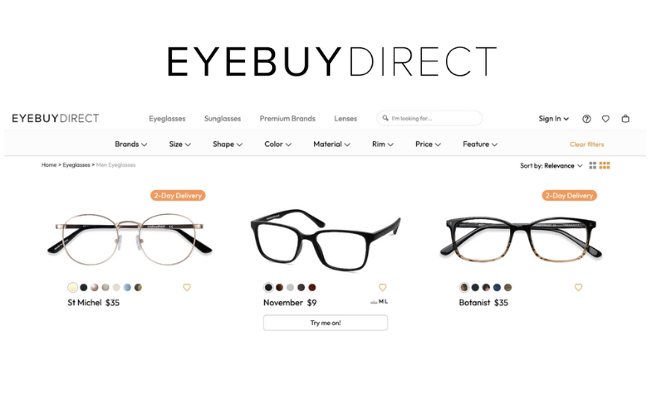 EyeBuyDirect Ecommerce Site User Interface